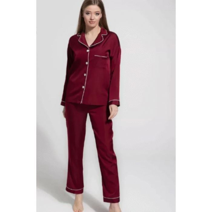 2 Pcs Women’s Stitched Plain Night Suit – Elegant Silk Comfort - Image 1