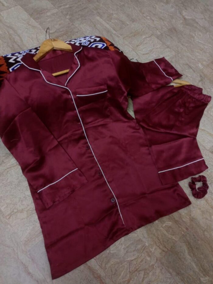 2 Pcs Women’s Stitched Plain Night Suit – Elegant Silk Comfort - Image 2