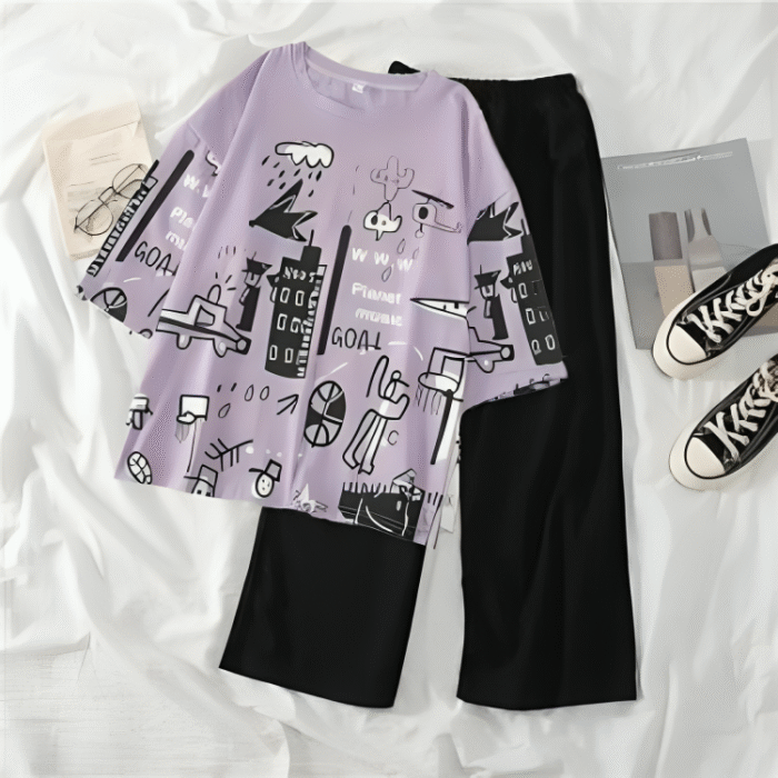 Women’s Stitched Cotton Jersey Printed Night Suit – Purple - Image 1
