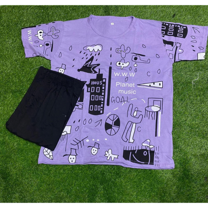 Women’s Stitched Cotton Jersey Printed Night Suit – Purple - Image 2
