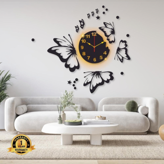 Butterfly Laminated Wall Clock with Backlight – Modern Decorative Design - Image 1