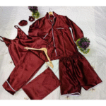 5 Pcs Women’s Stitched Silk Plain Night Suit – Luxury Set - Image 2