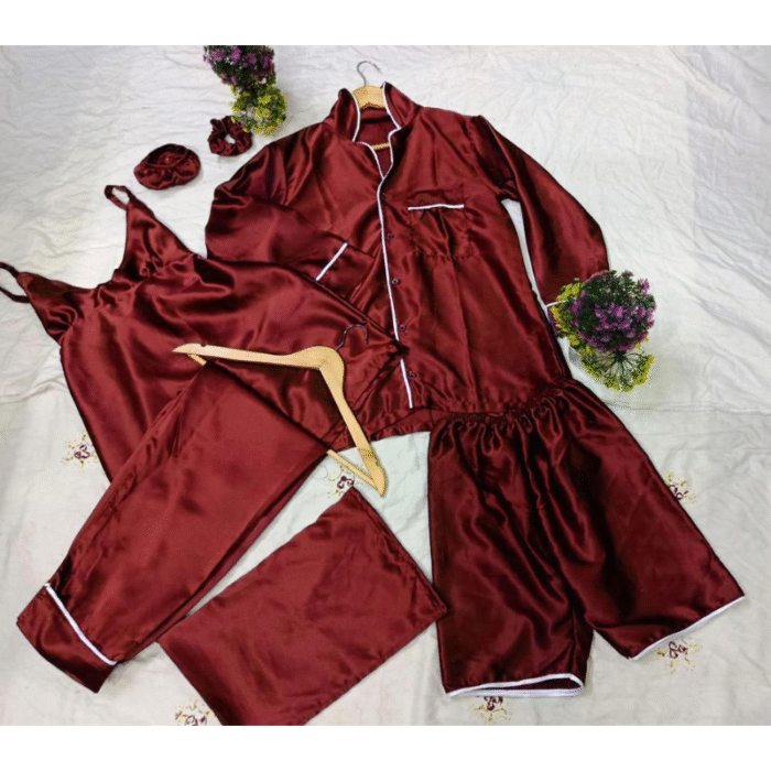 5 Pcs Women’s Stitched Silk Plain Night Suit – Luxury Set - Image 2