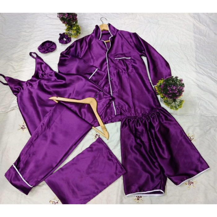 5 Pcs Women’s Stitched Silk Plain Night Suit – Luxury Set - Image 4