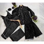 5 Pcs Women’s Stitched Silk Plain Night Suit – Luxury Set - Image 5