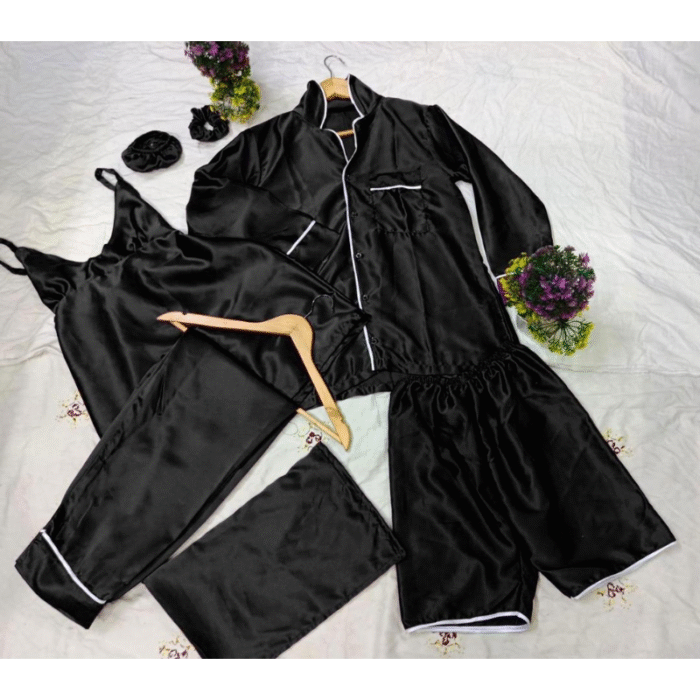 5 Pcs Women’s Stitched Silk Plain Night Suit – Luxury Set - Image 5
