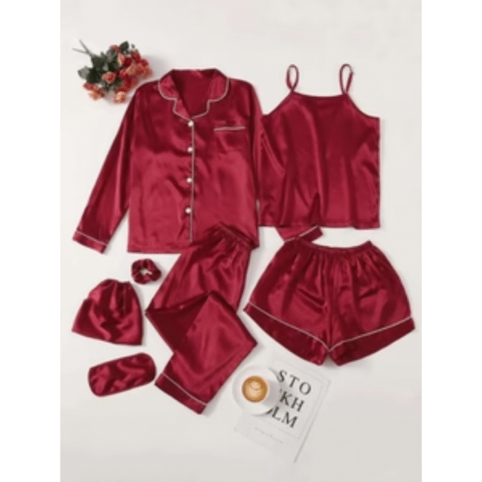5 Pcs Women’s Stitched Silk Plain Night Suit – Luxury Set - Image 1