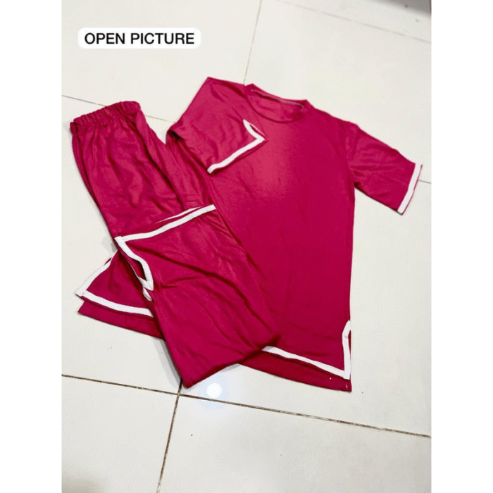 2 Pcs Women’s Stitched Plain Cotton Jersey Night Suit - Image 2
