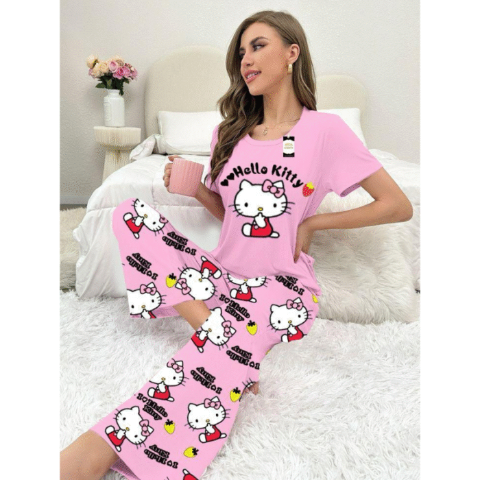 2 Pcs Women’s Stitched Printed Cotton Jersey Night Suit - Image 1