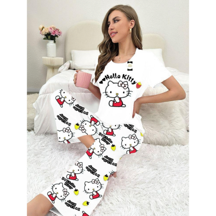 2 Pcs Women’s Stitched Printed Cotton Jersey Night Suit - Image 1