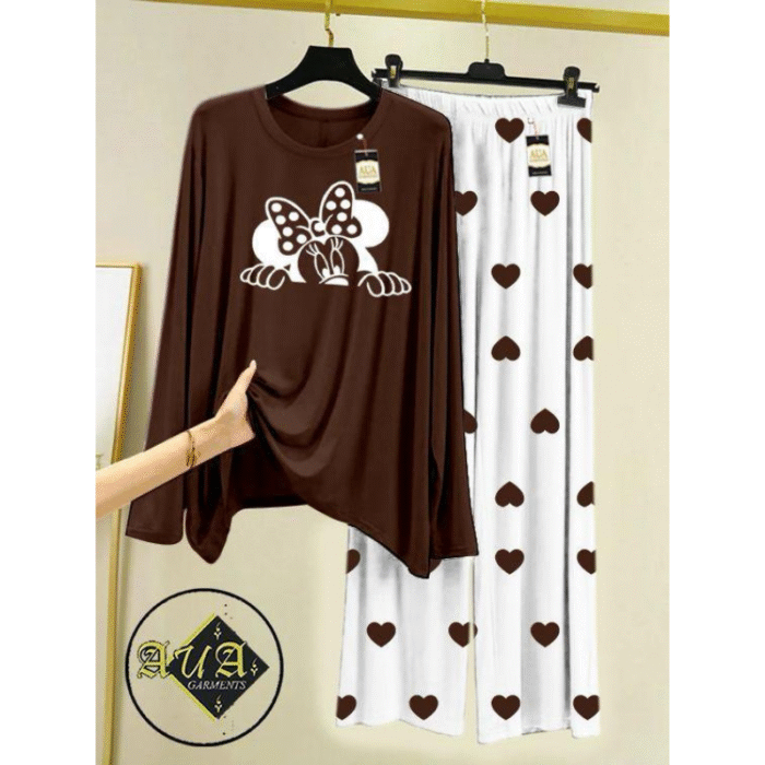 2 Pcs Women's Stitched Printed Night Suit - Image 1