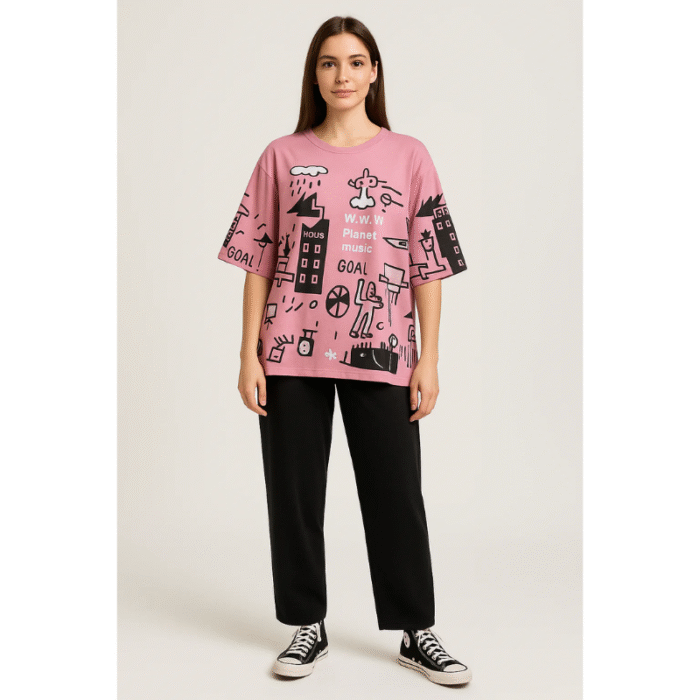 Women’s Stitched Cotton Jersey Printed Night Suit – Pink - Image 1