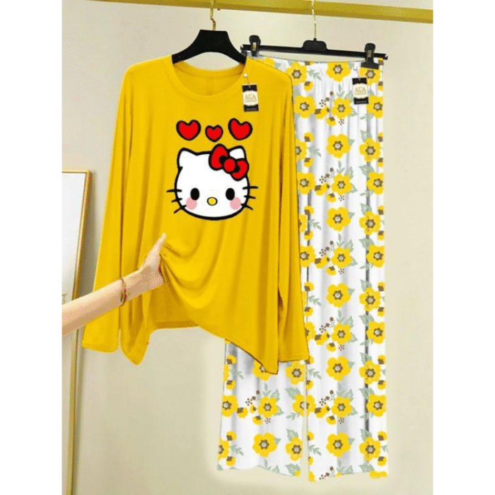 2 Pcs Women’s Stitched Printed Cotton Jersey Night Suit - Image 1