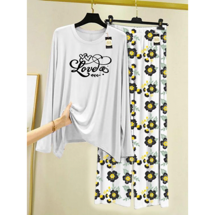 2 Pcs Women’s Stitched Printed Cotton Jersey Night Suit - Image 1