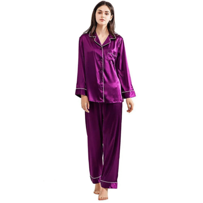 3 Pcs Women’s Stitched Silk Plain Night Suit – Purple - Image 3