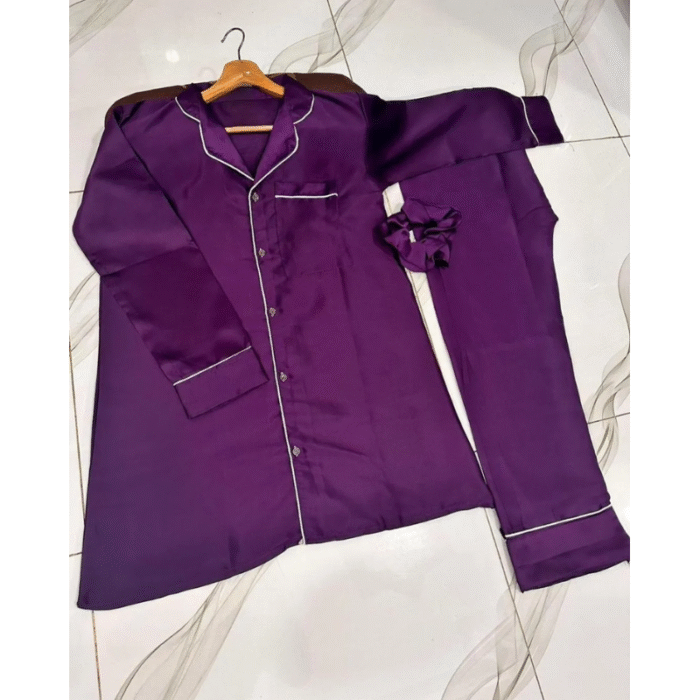 3 Pcs Women’s Stitched Silk Plain Night Suit – Purple - Image 2