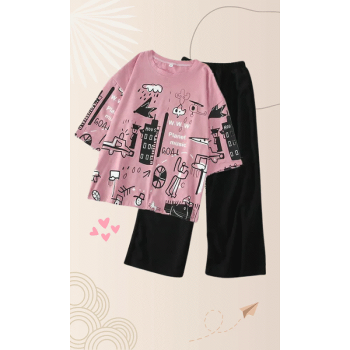 Women’s Stitched Cotton Jersey Printed Night Suit – Pink - Image 2