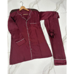 3 Pcs Women’s Stitched Silk Plain Night Suit – Maroon - Image 2