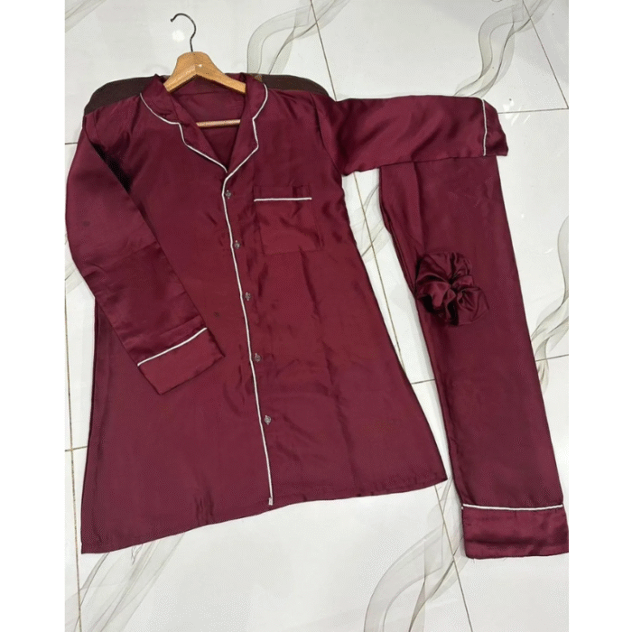 3 Pcs Women’s Stitched Silk Plain Night Suit – Maroon - Image 2