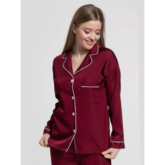 3 Pcs Women’s Stitched Silk Plain Night Suit – Maroon - Image 1