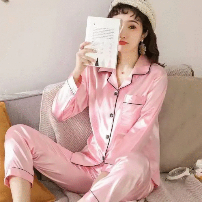 3 Pcs Women’s Stitched Silk Plain Night Suit – Pink - Image 1