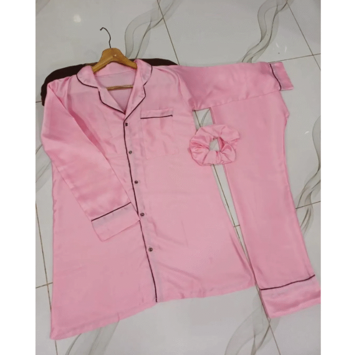 3 Pcs Women’s Stitched Silk Plain Night Suit – Pink - Image 2
