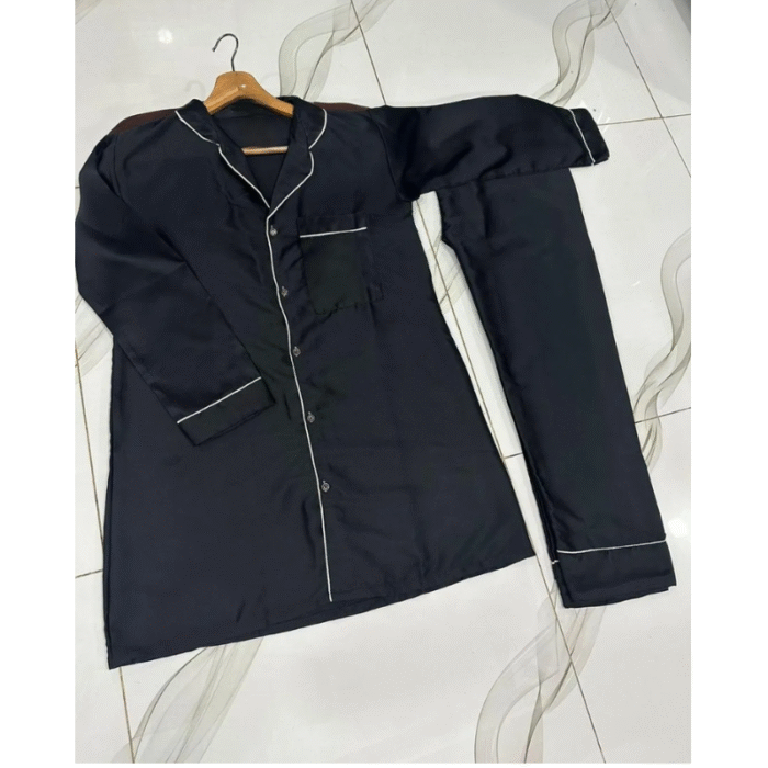 3 Pcs Women’s Stitched Silk Plain Night Suit – Black - Image 2