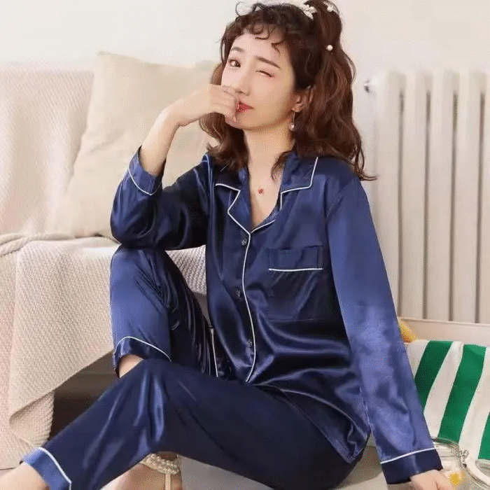 3 Pcs Women’s Stitched Silk Plain Night Suit – Blue - Image 1