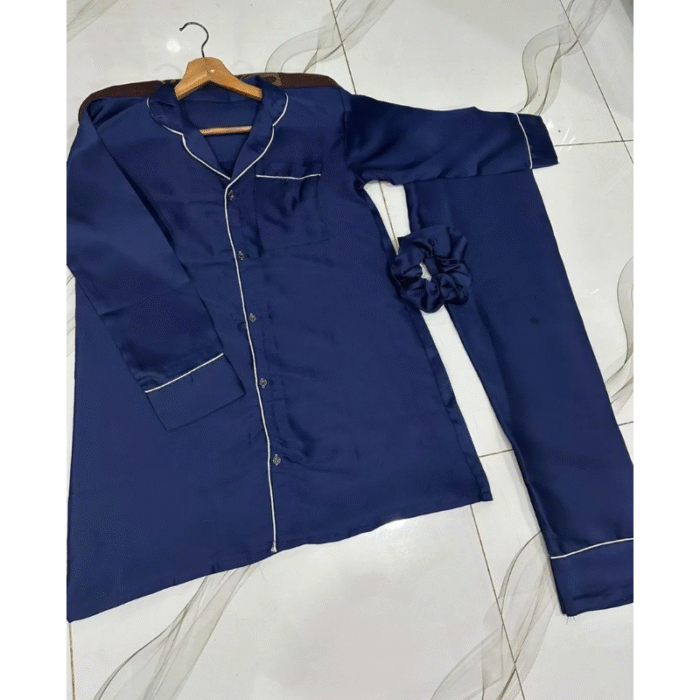 3 Pcs Women’s Stitched Silk Plain Night Suit – Blue - Image 2
