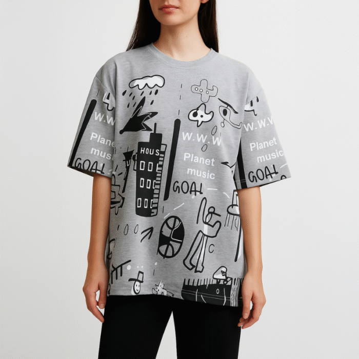 Women’s Stitched Cotton Jersey Printed Night Suit – Grey - Image 1