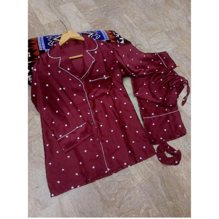 2 Pcs Women’s Stitched Silk Night Suit – Plain Design - Image 2