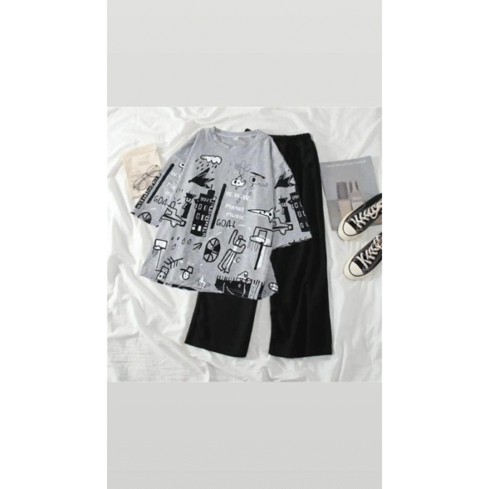 Women’s Stitched Cotton Jersey Printed Night Suit – Grey - Image 2
