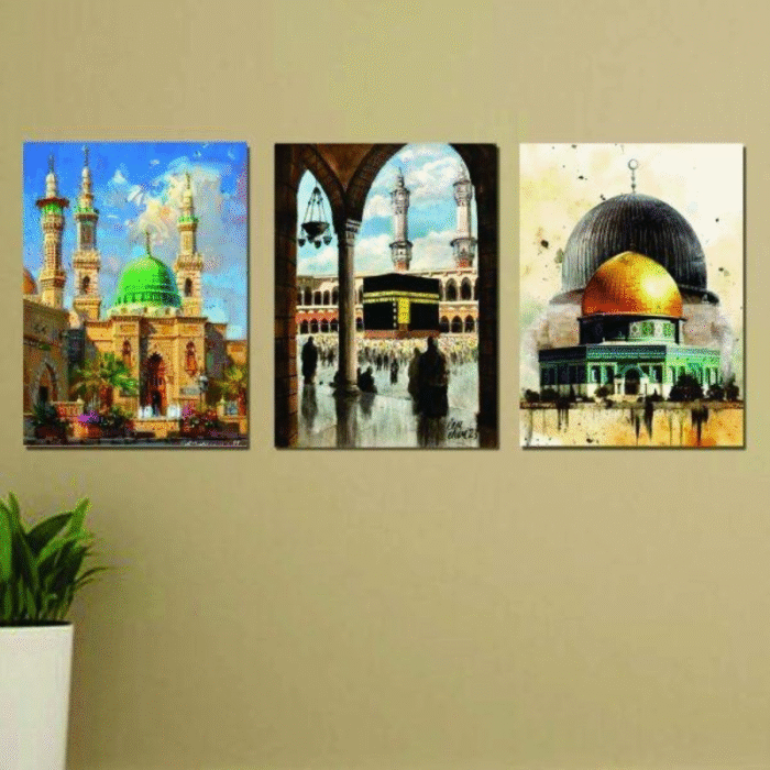 Set of 3 Islamic Wall Frames – Khana Kaba , Masjid e Nabwi & Al Aqsa - Image 1