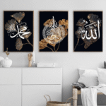 Black Gold Leaf White Islamic Wall Art Canvas – Arabic Calligraphy Set 3 Pcs - Image 3