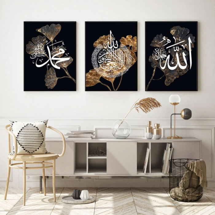 Black Gold Leaf White Islamic Wall Art Canvas – Arabic Calligraphy Set 3 Pcs - Image 1