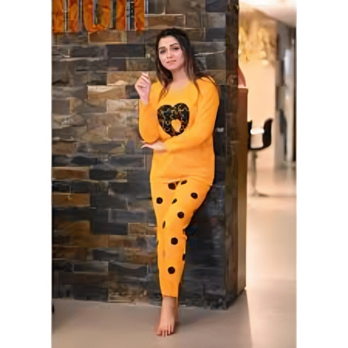 Women’s Stitched Jersey Printed Night Suit – 2 Pcs (Yellow) - Image 1